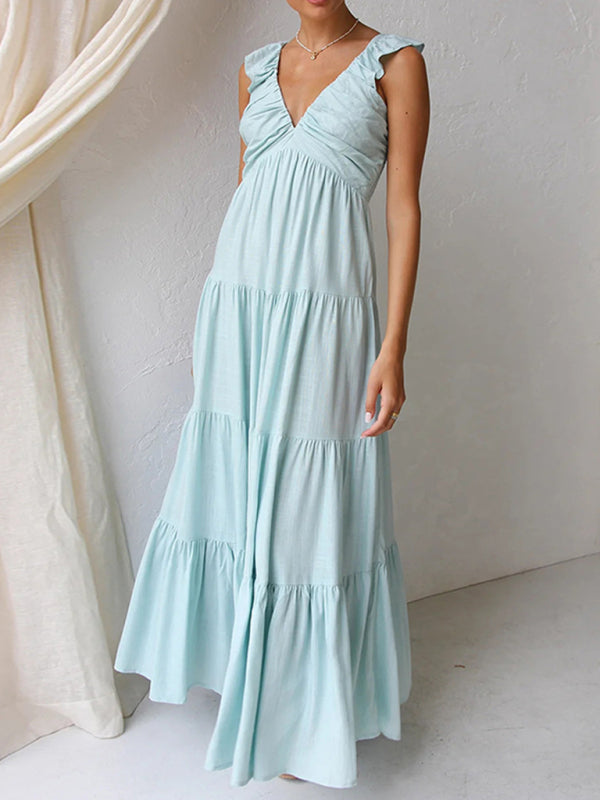 Summer Dresses- Casual Bohemian Cotton Tiered Maxi Dress- - IndioGear Women Clothing