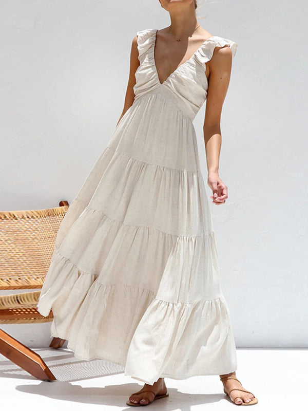 Summer Dresses- Casual Bohemian Cotton Tiered Maxi Dress- - IndioGear Women Clothing