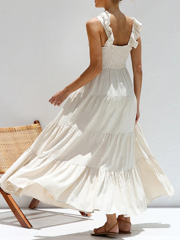 Summer Dresses- Casual Bohemian Cotton Tiered Maxi Dress- - IndioGear Women Clothing