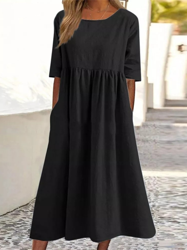 Summer Dresses- Essential Solid Cotton Tunic Midi Dress with Half Sleeves- Black- IndioGear Fashion and Gear