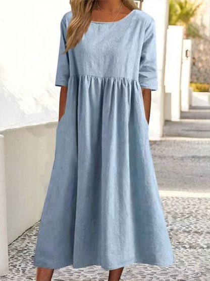 Summer Dresses- Essential Solid Cotton Tunic Midi Dress with Half Sleeves- - IndioGear Fashion and Gear