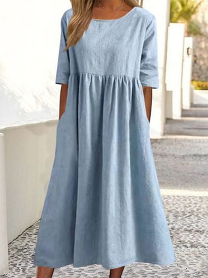 Summer Dresses- Essential Solid Cotton Tunic Midi Dress with Half Sleeves- Clear blue- IndioGear Fashion and Gear