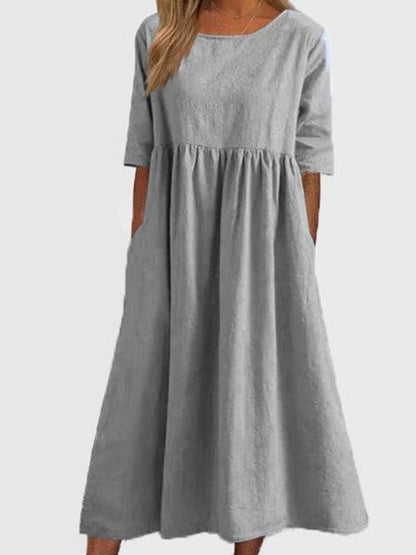 Summer Dresses- Essential Solid Cotton Tunic Midi Dress with Half Sleeves- Misty grey- IndioGear Fashion and Gear