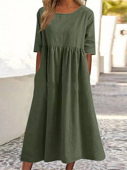 Summer Dresses- Essential Solid Cotton Tunic Midi Dress with Half Sleeves- Olive green- IndioGear Fashion and Gear