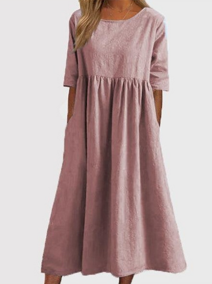 Summer Dresses- Essential Solid Cotton Tunic Midi Dress with Half Sleeves- Pink- IndioGear Fashion and Gear