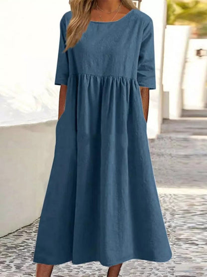 Summer Dresses- Essential Solid Cotton Tunic Midi Dress with Half Sleeves- Peacock blue- IndioGear Fashion and Gear