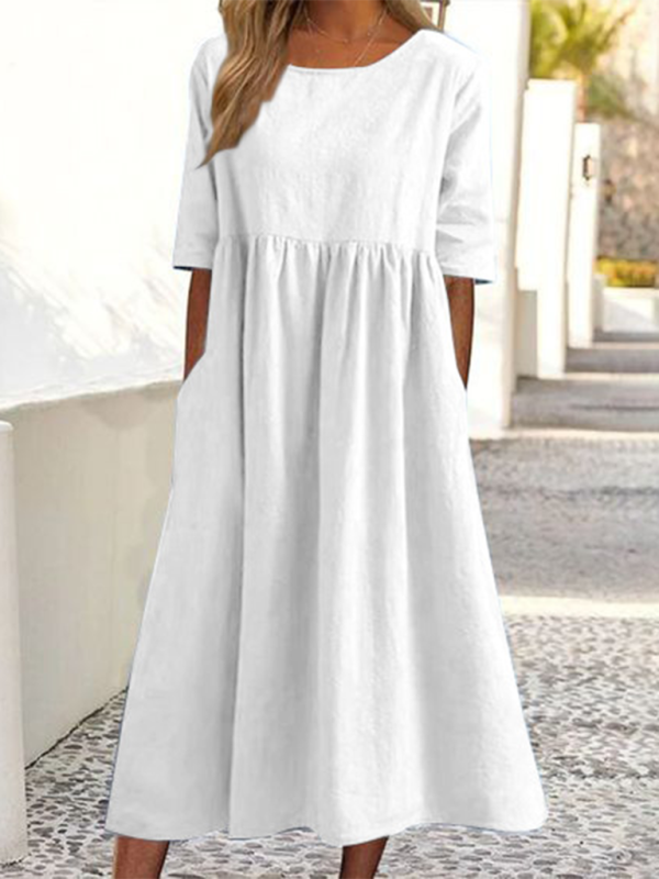 Summer Dresses- Essential Solid Cotton Tunic Midi Dress with Half Sleeves- White- IndioGear Fashion and Gear