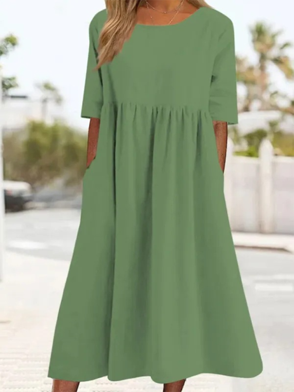 Summer Dresses- Essential Solid Cotton Tunic Midi Dress with Half Sleeves- Green- IndioGear Fashion and Gear