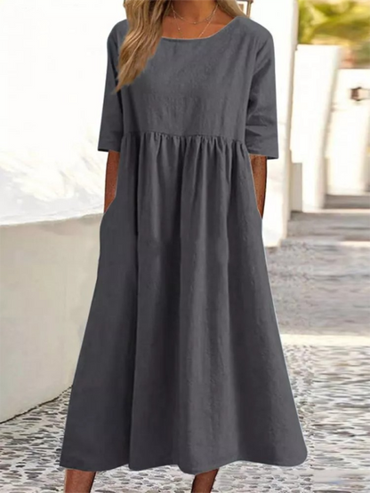 Summer Dresses- Essential Solid Cotton Tunic Midi Dress with Half Sleeves- Grey- IndioGear Fashion and Gear