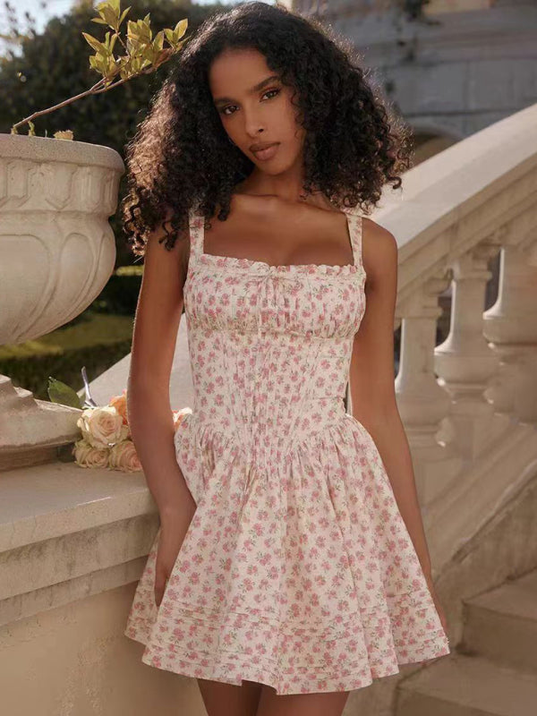 Summer Dresses- Garden Party Women's Floral Cami Mini Dress with Drop Waist- Pattern2- Chuzko Women Clothing