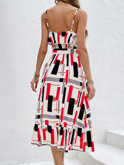 Summer Dresses- Geometric Stripe Midi Dress – Your Go-To for Spring and Summer- - IndioGear.com