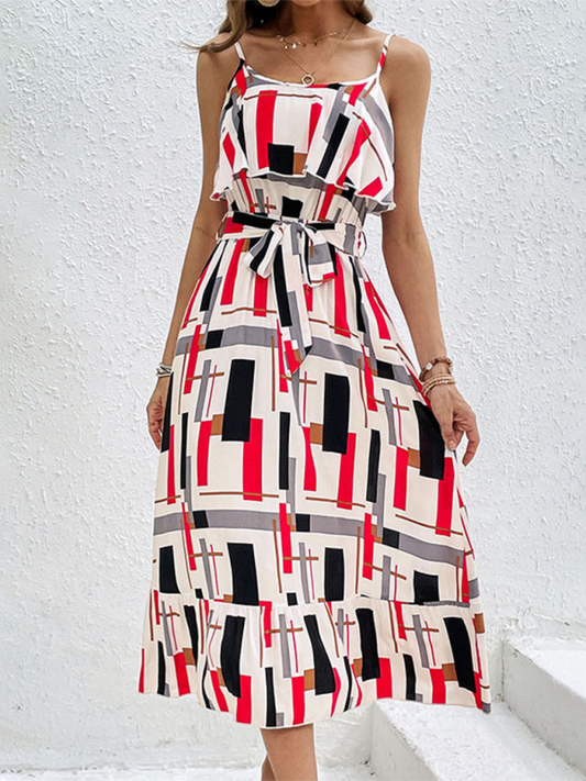 Summer Dresses- Geometric Stripe Midi Dress – Your Go-To for Spring and Summer- White- IndioGear.com