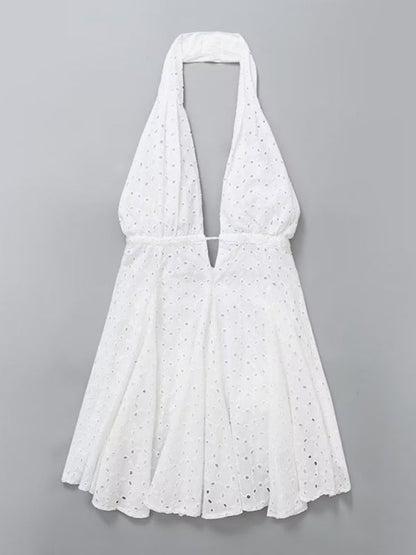 Summer Dresses- Halter A-Line Eyelet Backless Dress for Women in Romantic Cotton Fabric- White- IndioGear Fashion and Gear