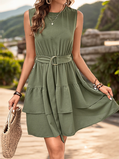 Summer Dresses- Layered Military Green A-Line Summer Dress with Cinched Waist- - IndioGear.com