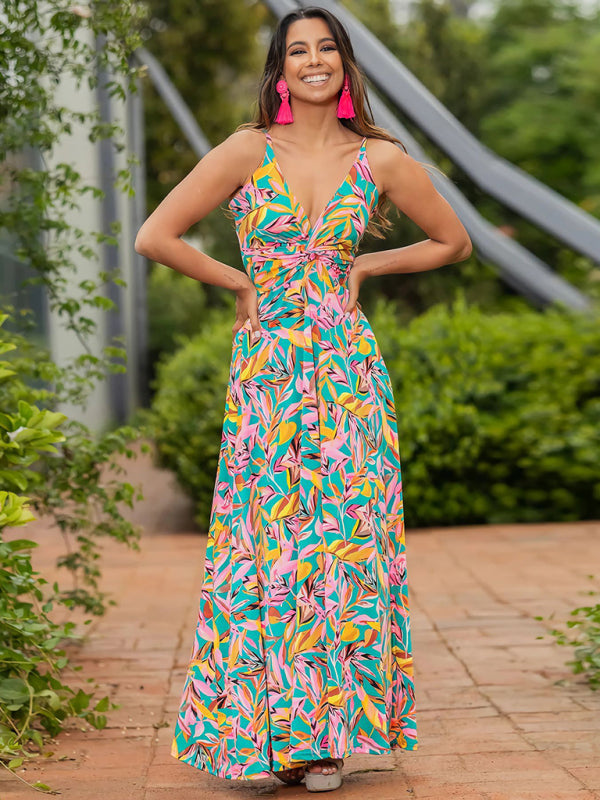 Summer Dresses- Palm Paradise Women's Cami Maxi Dress for Summer Adventures- GreenYellow- IndioGear Fashion and Gear