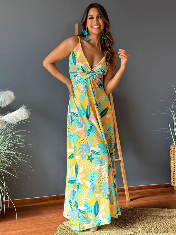 Summer Dresses- Palm Paradise Women's Cami Maxi Dress for Summer Adventures- Yellow- IndioGear Fashion and Gear