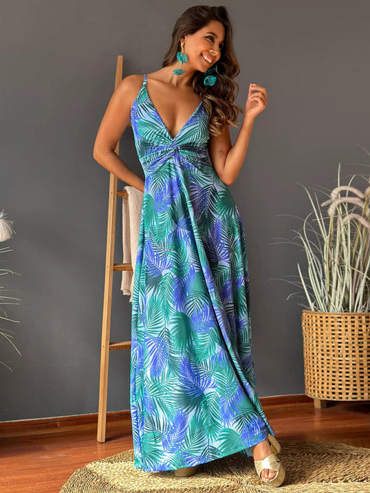 Summer Dresses- Palm Paradise Women's Cami Maxi Dress for Summer Adventures- Blue- IndioGear Fashion and Gear