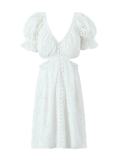 Summer Dresses- Romantic Button-Up Embroidered Off Shoulder Summer Dress in Cotton- - IndioGear Fashion and Gear