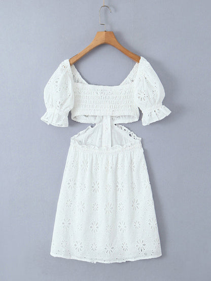 Summer Dresses- Romantic Button-Up Embroidered Off Shoulder Summer Dress in Cotton- - IndioGear Fashion and Gear