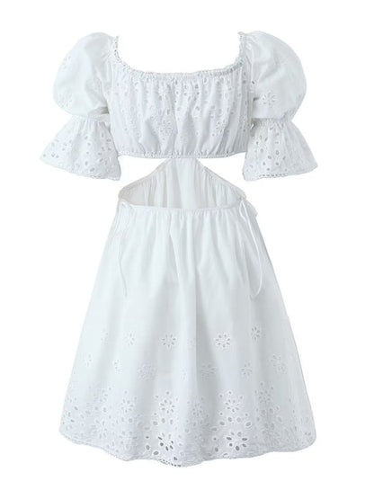 Summer Dresses- Romantic Embroidered Cutout Summer Dress in Cotton- - IndioGear Fashion and Gear