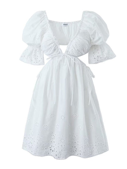 Summer Dresses- Romantic Embroidered Cutout Summer Dress in Cotton- - IndioGear Fashion and Gear