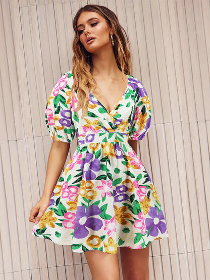 Summer Dresses- Summer Romance Women's Floral A-Line Mini Dress with Puff Sleeves- Pinkpurple- IndioGear Fashion and Gear