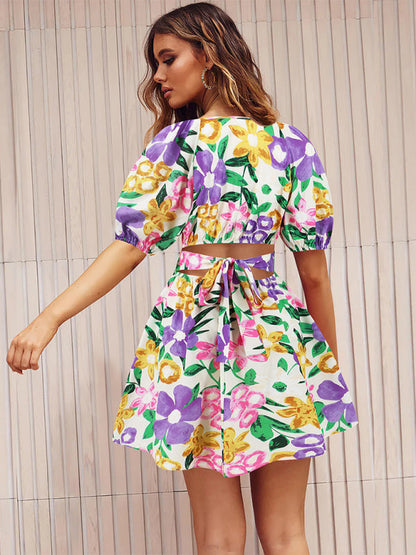 Summer Dresses- Summer Romance Women's Floral A-Line Mini Dress with Puff Sleeves- - IndioGear Fashion and Gear