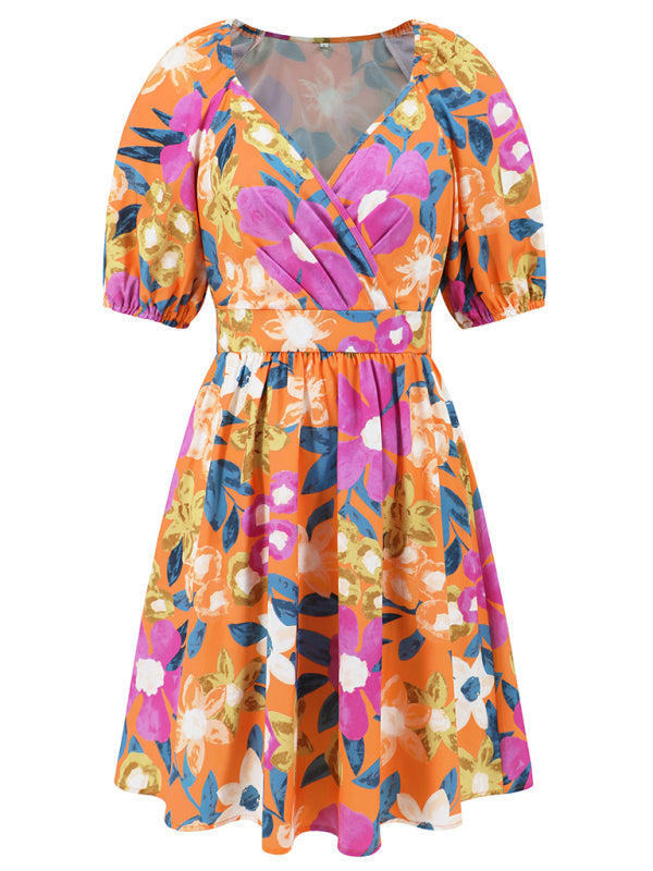 Summer Dresses- Summer Romance Women's Floral A-Line Mini Dress with Puff Sleeves- - IndioGear Fashion and Gear