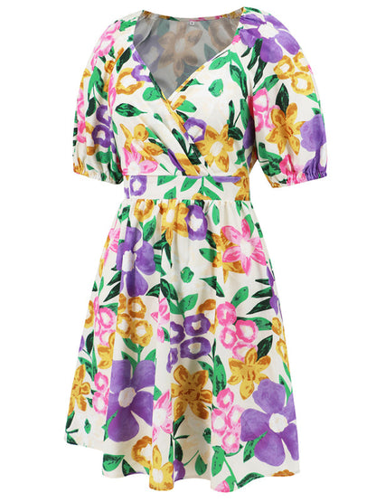 Summer Dresses- Summer Romance Women's Floral A-Line Mini Dress with Puff Sleeves- - IndioGear Fashion and Gear