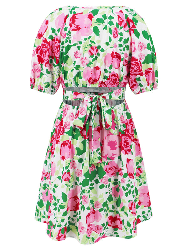 Summer Dresses- Summer Romance Women's Floral A-Line Mini Dress with Puff Sleeves- - IndioGear Fashion and Gear