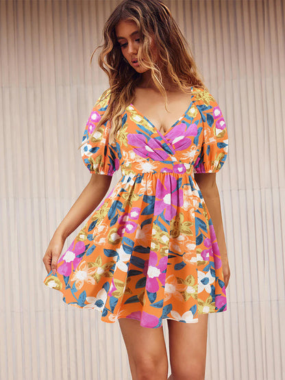 Summer Dresses- Summer Romance Women's Floral A-Line Mini Dress with Puff Sleeves- Orange- IndioGear Fashion and Gear