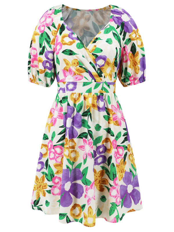 Summer Dresses- Summer Romance Women's Floral A-Line Mini Dress with Puff Sleeves- - IndioGear Fashion and Gear