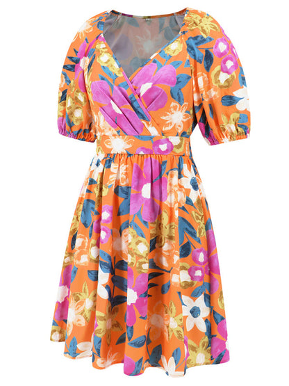 Summer Dresses- Summer Romance Women's Floral A-Line Mini Dress with Puff Sleeves- - IndioGear Fashion and Gear