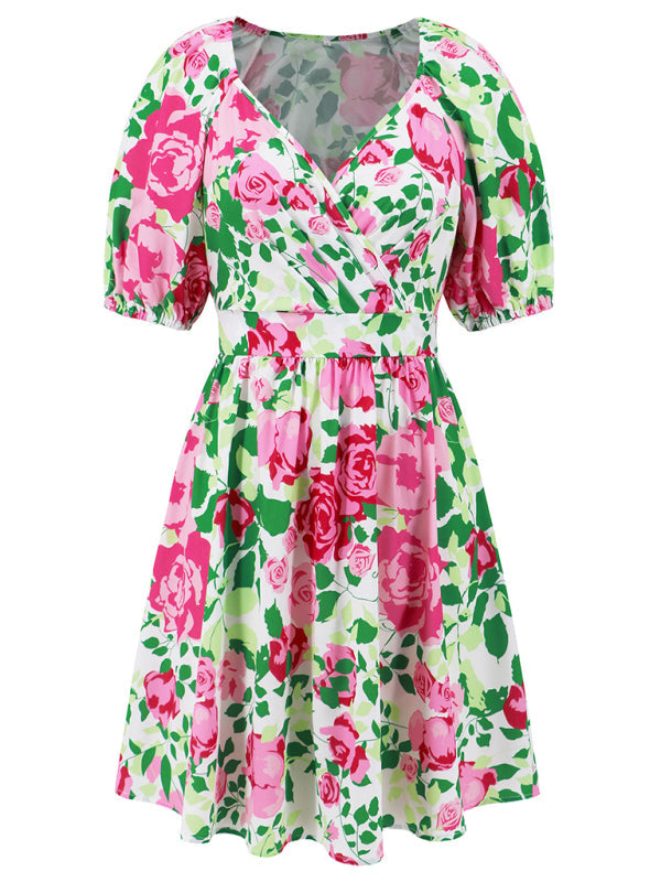 Summer Dresses- Summer Romance Women's Floral A-Line Mini Dress with Puff Sleeves- - IndioGear Fashion and Gear