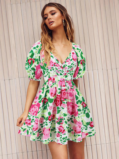 Summer Dresses- Summer Romance Women's Floral A-Line Mini Dress with Puff Sleeves- Green- IndioGear Fashion and Gear