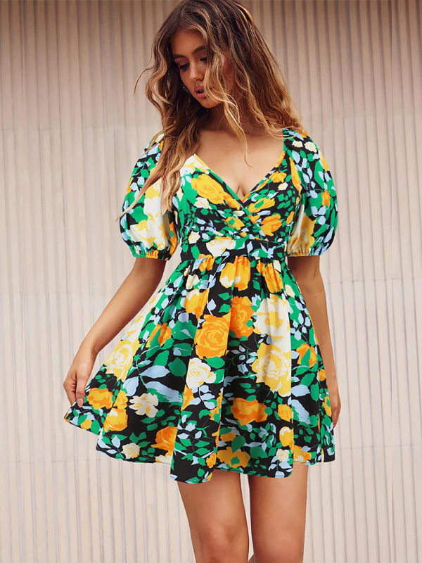 Summer Dresses- Summer Romance Women's Floral A-Line Mini Dress with Puff Sleeves- GreenYellow- IndioGear Fashion and Gear