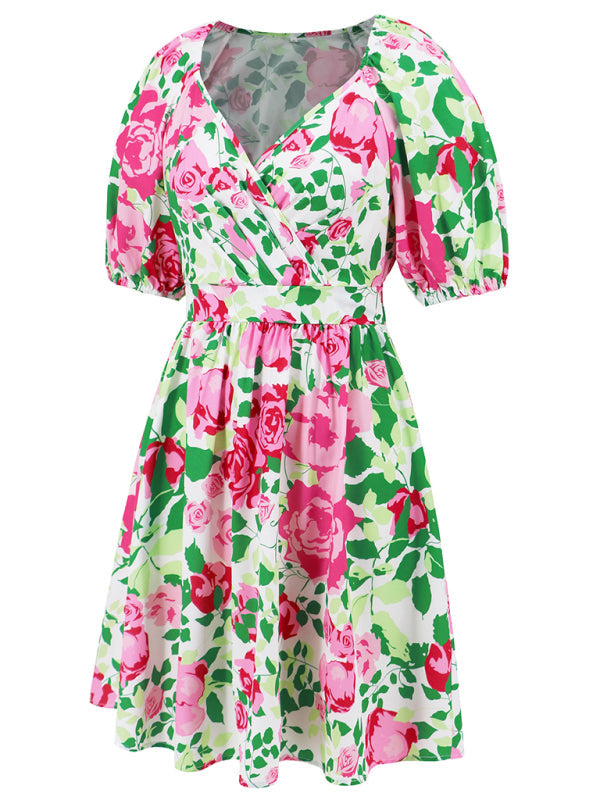 Summer Dresses- Summer Romance Women's Floral A-Line Mini Dress with Puff Sleeves- - IndioGear Fashion and Gear