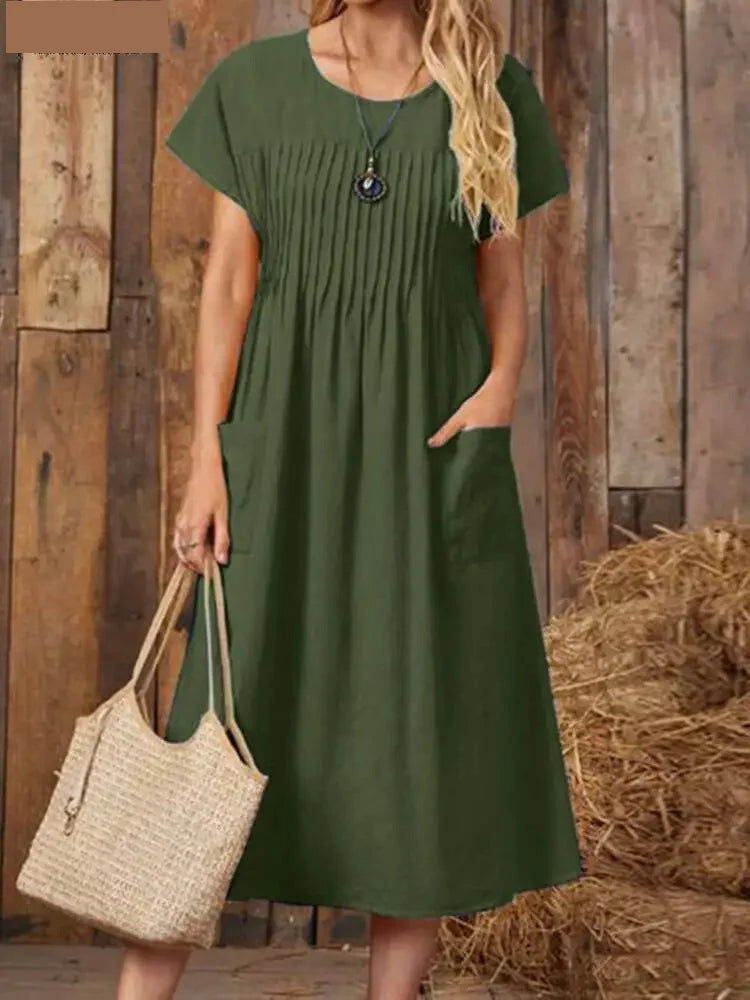 Summer Dresses- Summer Solid A-Line Midi Dress for Casual Gatherings- 4XL XXL L 5XL S M XL XXXL- IndioGear.com