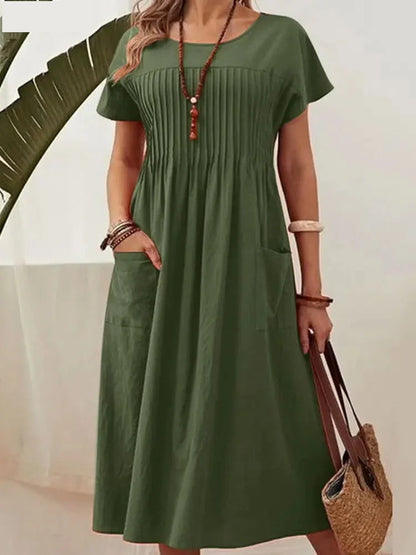 Summer Dresses- Summer Solid A-Line Midi Dress for Casual Gatherings- - IndioGear.com