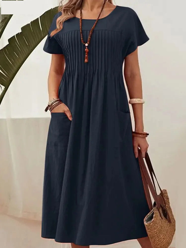 Summer Dresses- Summer Solid A-Line Midi Dress for Casual Gatherings- - IndioGear.com