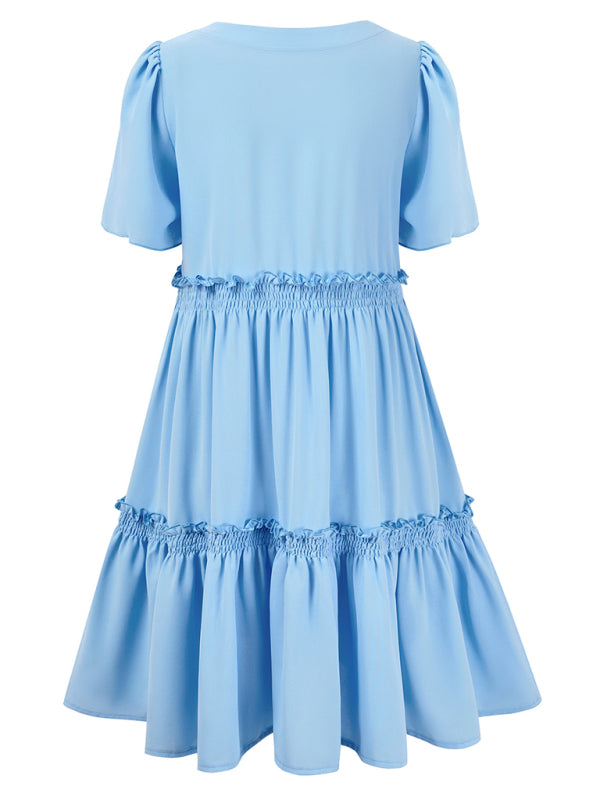 Summer Dresses- Summer Solid V-Neck Dress with Short Sleeves & Tiered Ruffle Detail- - IndioGear Fashion and Gear