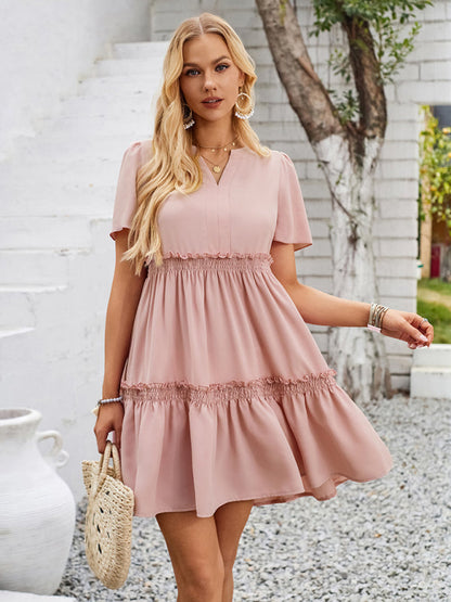 Summer Dresses- Summer Solid V-Neck Dress with Short Sleeves & Tiered Ruffle Detail- - IndioGear Fashion and Gear