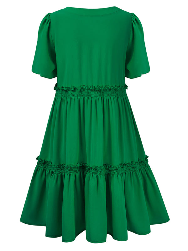 Summer Dresses- Summer Solid V-Neck Dress with Short Sleeves & Tiered Ruffle Detail- - IndioGear Fashion and Gear