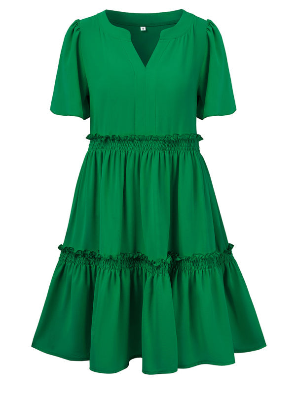 Summer Dresses- Summer Solid V-Neck Dress with Short Sleeves & Tiered Ruffle Detail- - IndioGear Fashion and Gear