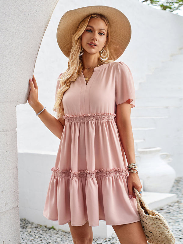 Summer Dresses- Summer Solid V-Neck Dress with Short Sleeves & Tiered Ruffle Detail- - IndioGear Fashion and Gear