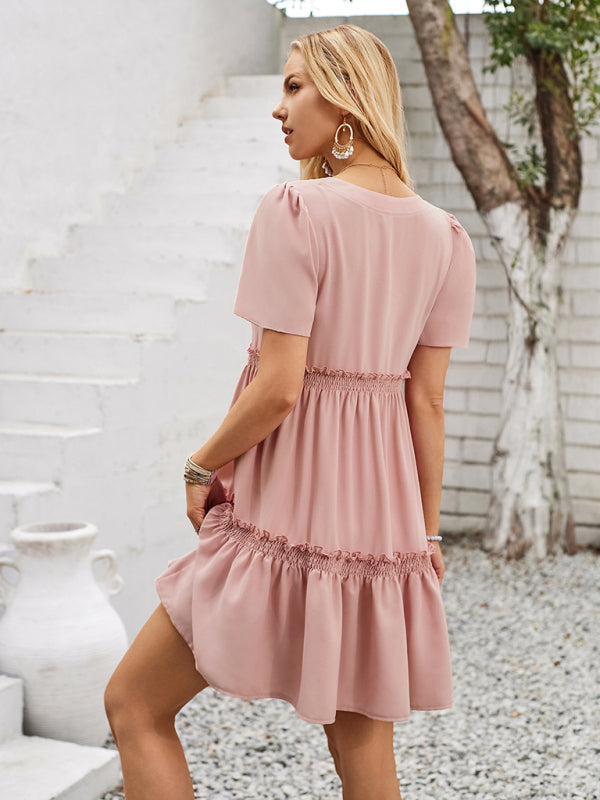 Summer Dresses- Summer Solid V-Neck Dress with Short Sleeves & Tiered Ruffle Detail- - IndioGear Fashion and Gear