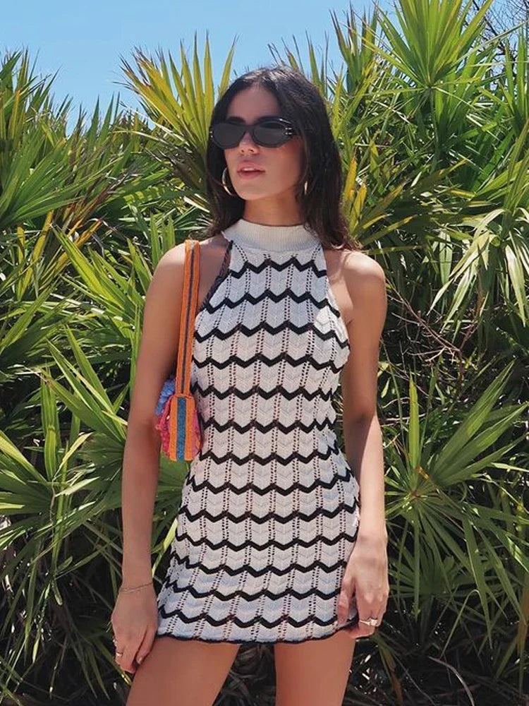 Summer Dresses- Summer Zigzag Crochet Mini Dress- Black and White- IndioGear.com