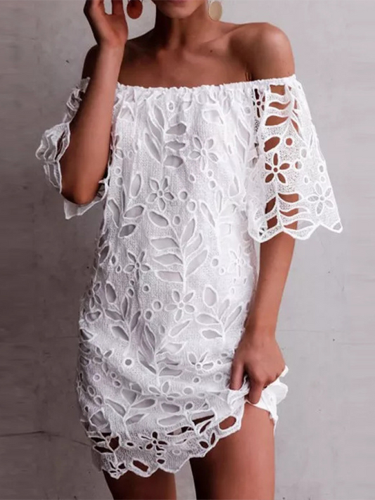 Summer Dresses- Sunny Days Women's Eyelet Lace Off-Shoulder Mini Dress- White- IndioGear Fashion and Gear