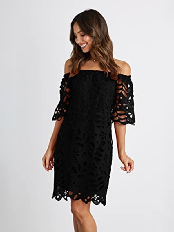 Summer Dresses- Sunny Days Women's Eyelet Lace Off-Shoulder Mini Dress- - IndioGear Fashion and Gear