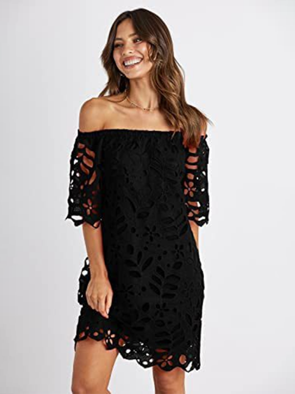 Summer Dresses- Sunny Days Women's Eyelet Lace Off-Shoulder Mini Dress- Black- IndioGear Fashion and Gear